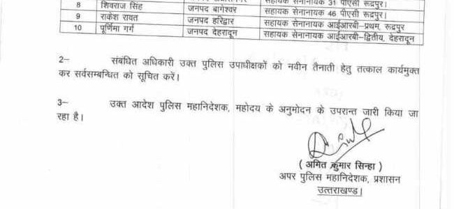 उत्तराखंड में 10 पुलिस उपाधीक्षकों और कई पीसीएस अधिकारियों के तबादले, पढ़िए किसे कहां मिली तैनाती उत्तराखंड में 10 पुलिस उपाधीक्षकों और कई पीसीएस अधिकारियों के तबादले, पढ़िए किसे कहां मिली तैनाती