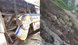 उत्तराखंड लखनऊ जा रही बस पर पहाड़ी से गिरा बड़ा पत्थर, बचावकर्मी मौके पर