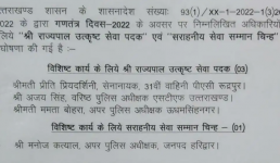 Uttarakhand : गणतंत्र दिवस 2022 के लिए  “राज्यपाल उत्कृष्ट सेवा पदक” एवं “सराहनीय सेवा सम्मान चिन्ह” विजेता अधिकारियों की घोषणा, पढ़ें पूरी खबर
