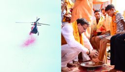 मुख्यमंत्री ने हरिद्वार में कांवड़ियों के चरण धोकर किया स्वागत, शिवभक्तों पर हेलीकॉप्टर से बरसाए गए फूल