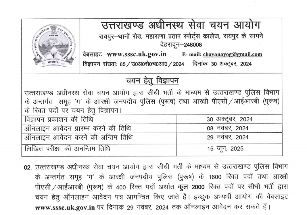 उत्तराखंड पुलिस में 2000 पदों पर निकली भर्ती, 29 नवंबर अंतिम तारीख, ऐसे करें आवेदन