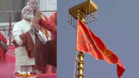 प्रधानमंत्री नरेन्द्र मोदी ने अयोध्या में श्री राम मंदिर के शिखर पर भगवा ध्वज फहराया, कहा यह धर्म ध्वजा भारतीय सभ्यता के पुनर्जागरण का ध्वज है